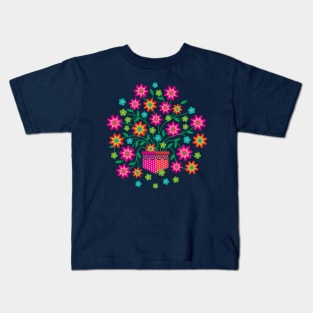 RAINBOW IN MY POCKET Floral Botanical in Bright Colours on Deep Dark Blue - UnBlink Studio by Jackie Tahara Kids T-Shirt